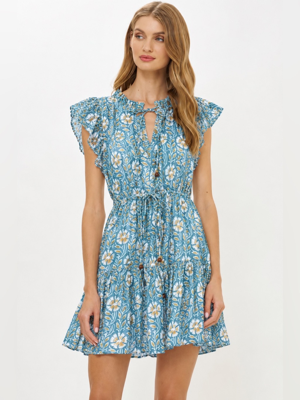 Oliphant Cinched Flirty Blue Floral Ruffle-Sleeve Summer Dress Size Small